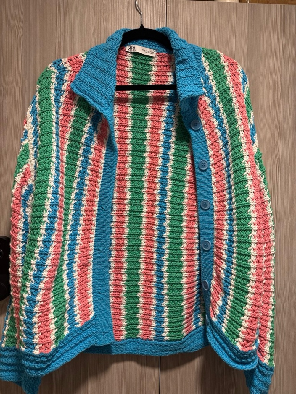 Zara Multicolor Striped Crochet Cardigan with Blue Trim